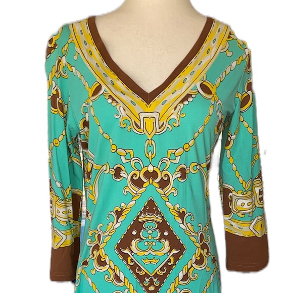 Barbara Gerwit Turquoise & Brown Chain Rope Print Tunic Dress - S - Picture 2 of 9
